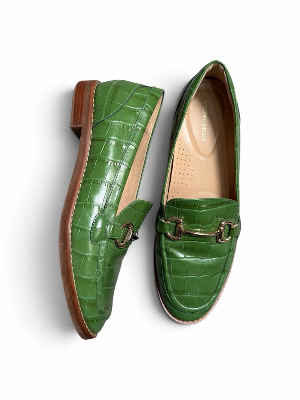 ANTONIO MELANI Green Croc-Embossed Leather Loafers with Metal Bit sz 8